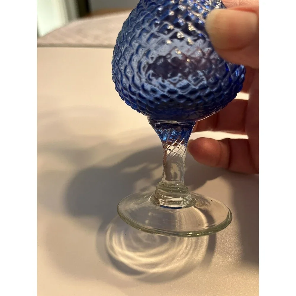 Blue Glass Diamond Cut, Ruffled Rim, Clear Footed Bud Vase Delicate